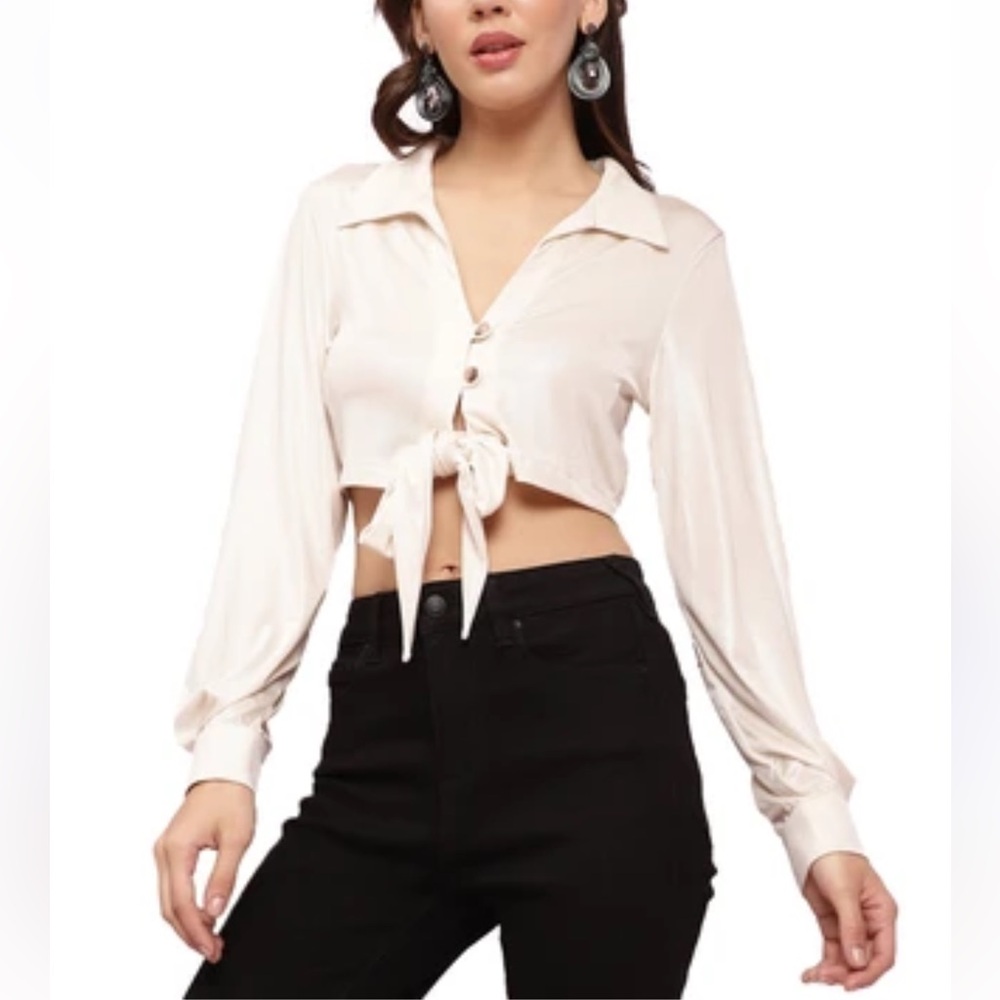 Free People Cream/Off White Front Tie Long Sleeve Top. Size XS (156)